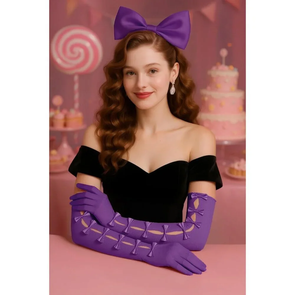 Women's Princess Purple Long Sleeves Gloves Bow Lace Mesh Tulle Party Prom